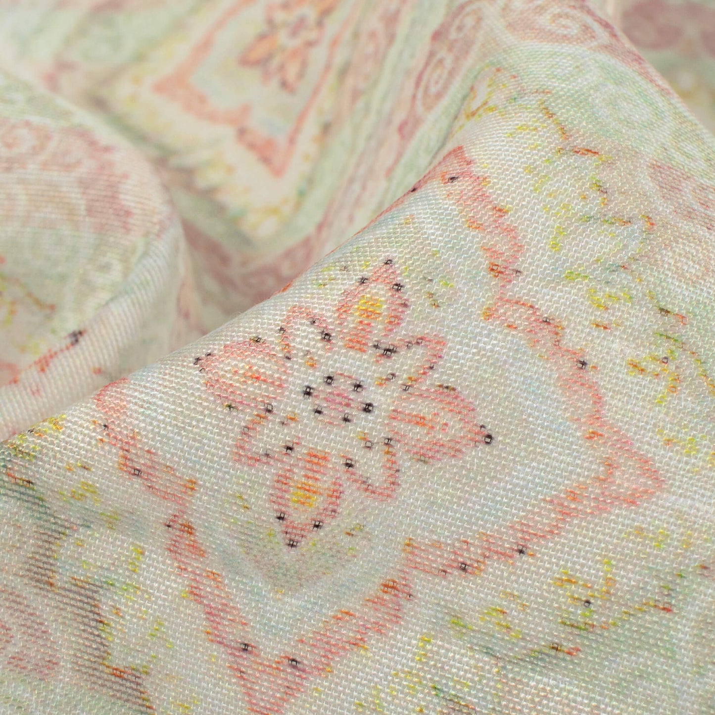 Moss Green And Coral Peach Trellis Pattern Digital Print Chanderi Fabric