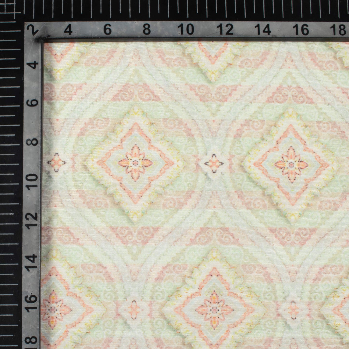 Moss Green And Coral Peach Trellis Pattern Digital Print Chanderi Fabric