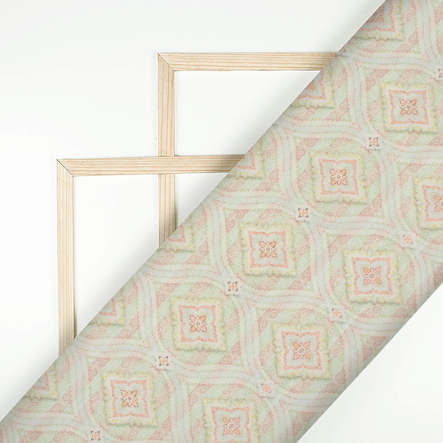 Moss Green And Coral Peach Trellis Pattern Digital Print Chanderi Fabric