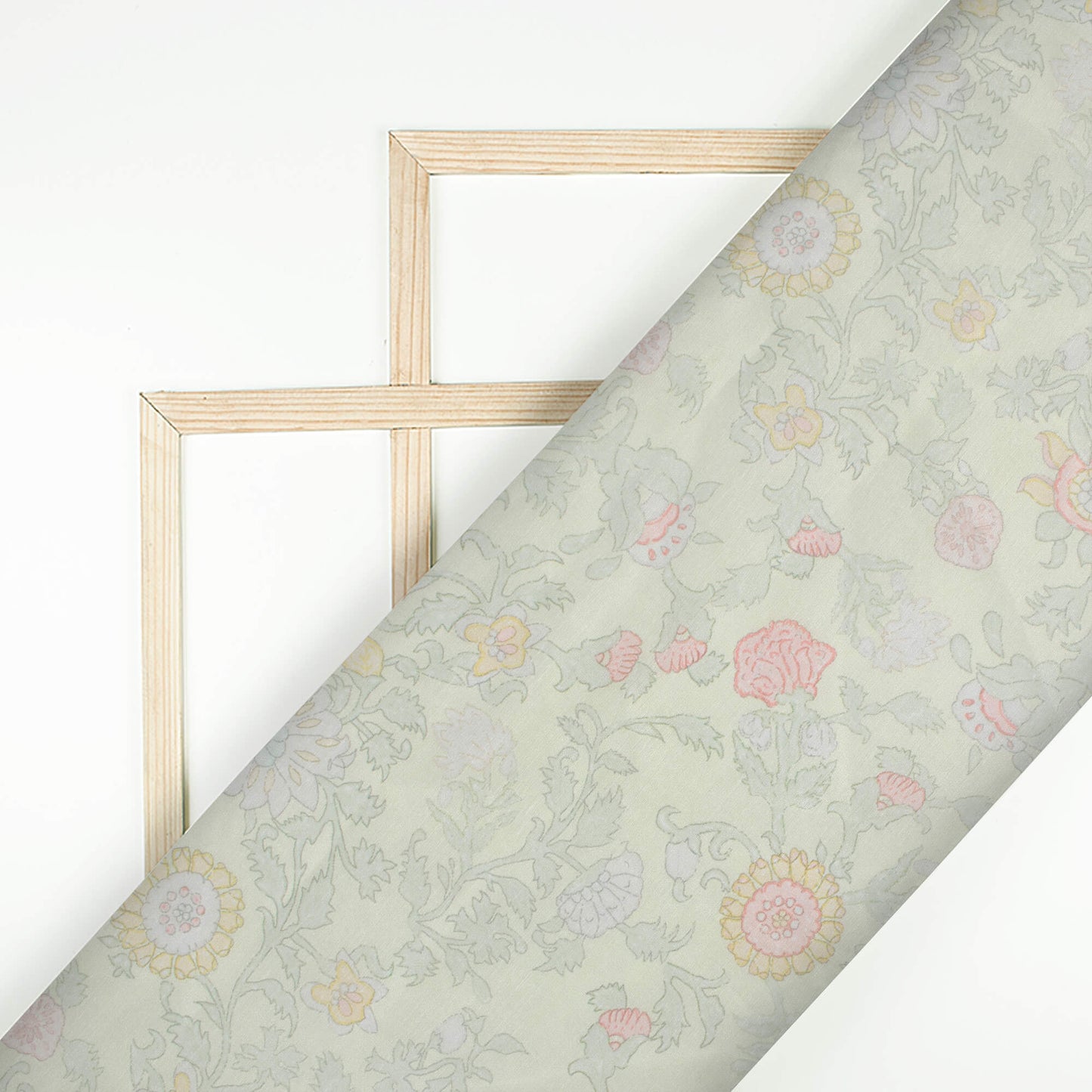 Tea Green And Pale Pink Floral Pattern Digital Print Chanderi Fabric