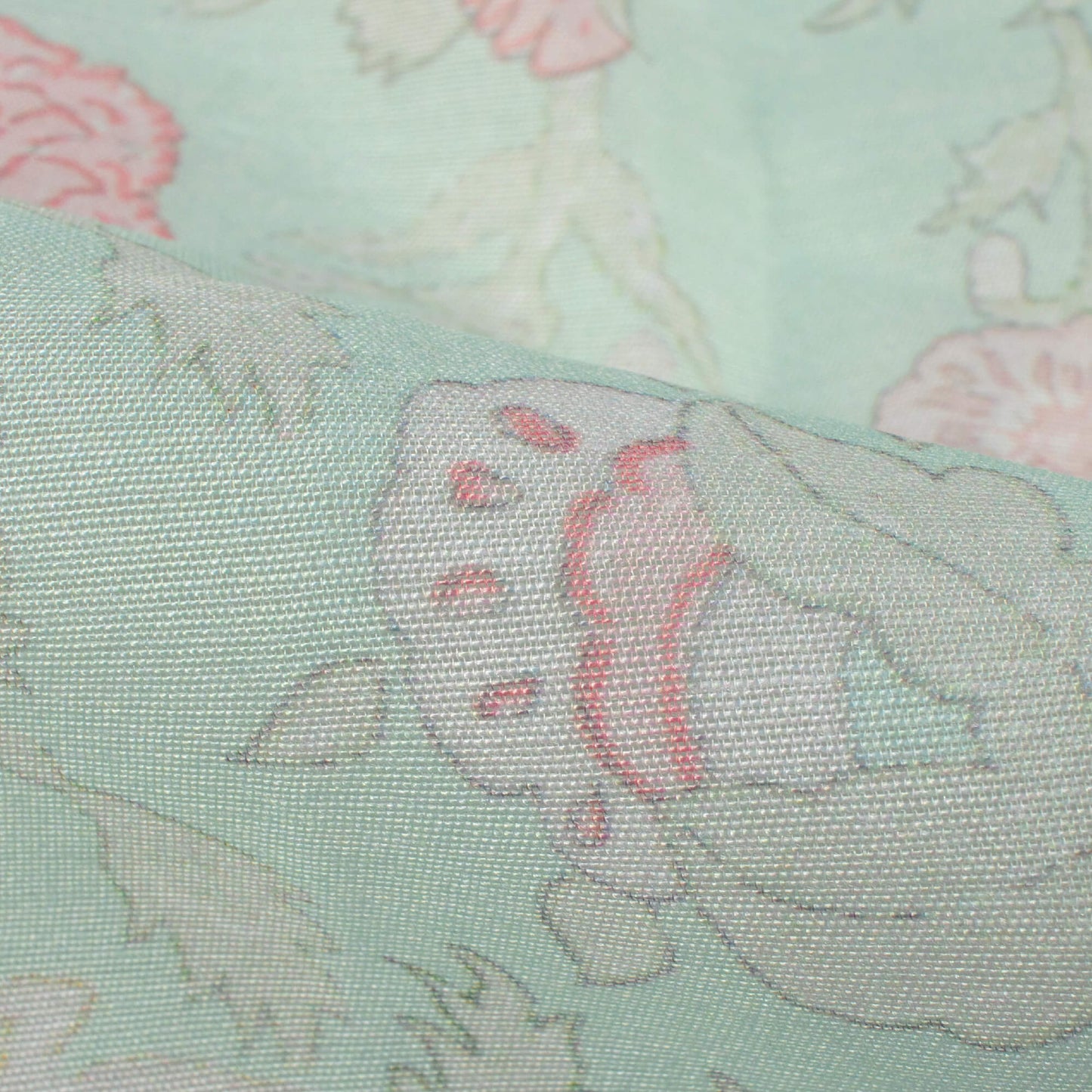 Mint Green And Pale Pink Floral Pattern Digital Print Chanderi Fabric