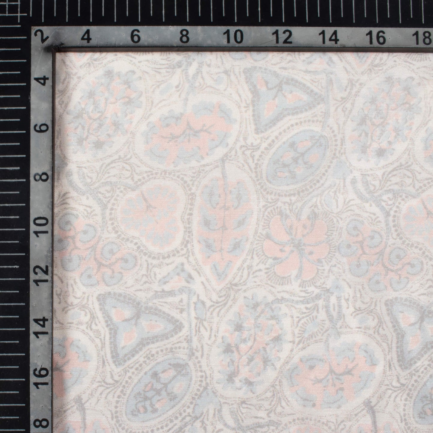 Peach And Grey Leaf Pattern Digital Print Chanderi Fabric