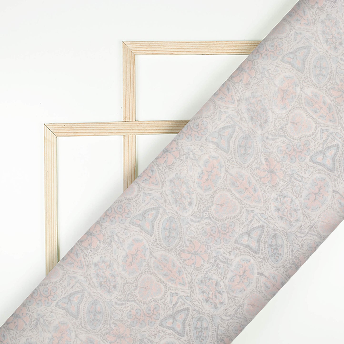 Peach And Grey Leaf Pattern Digital Print Chanderi Fabric
