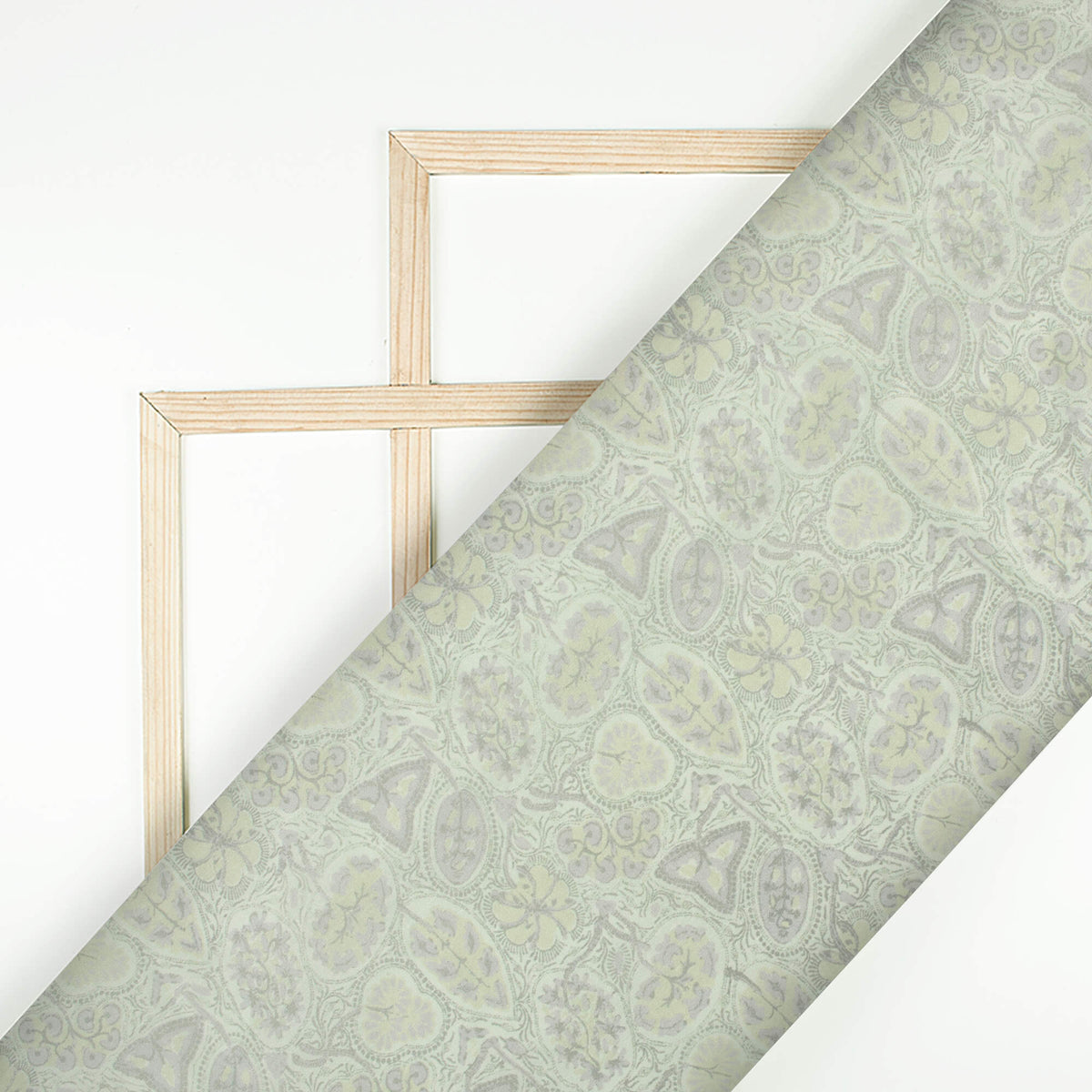 Laurel Green And Seal Grey Leaf Pattern Digital Print Chanderi Fabric