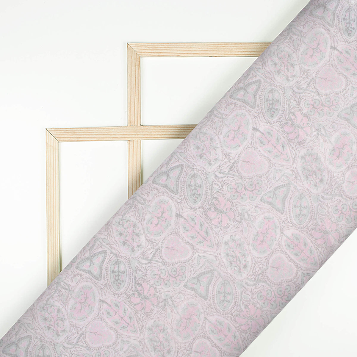 Pastel Pink And Seal Grey Leaf Pattern Digital Print Chanderi Fabric