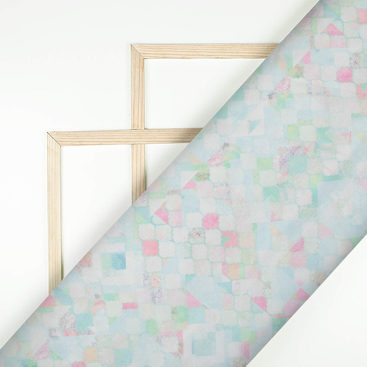 Pear Green And Taffy Pink Geometric Pattern Digital Print Chanderi Fabric