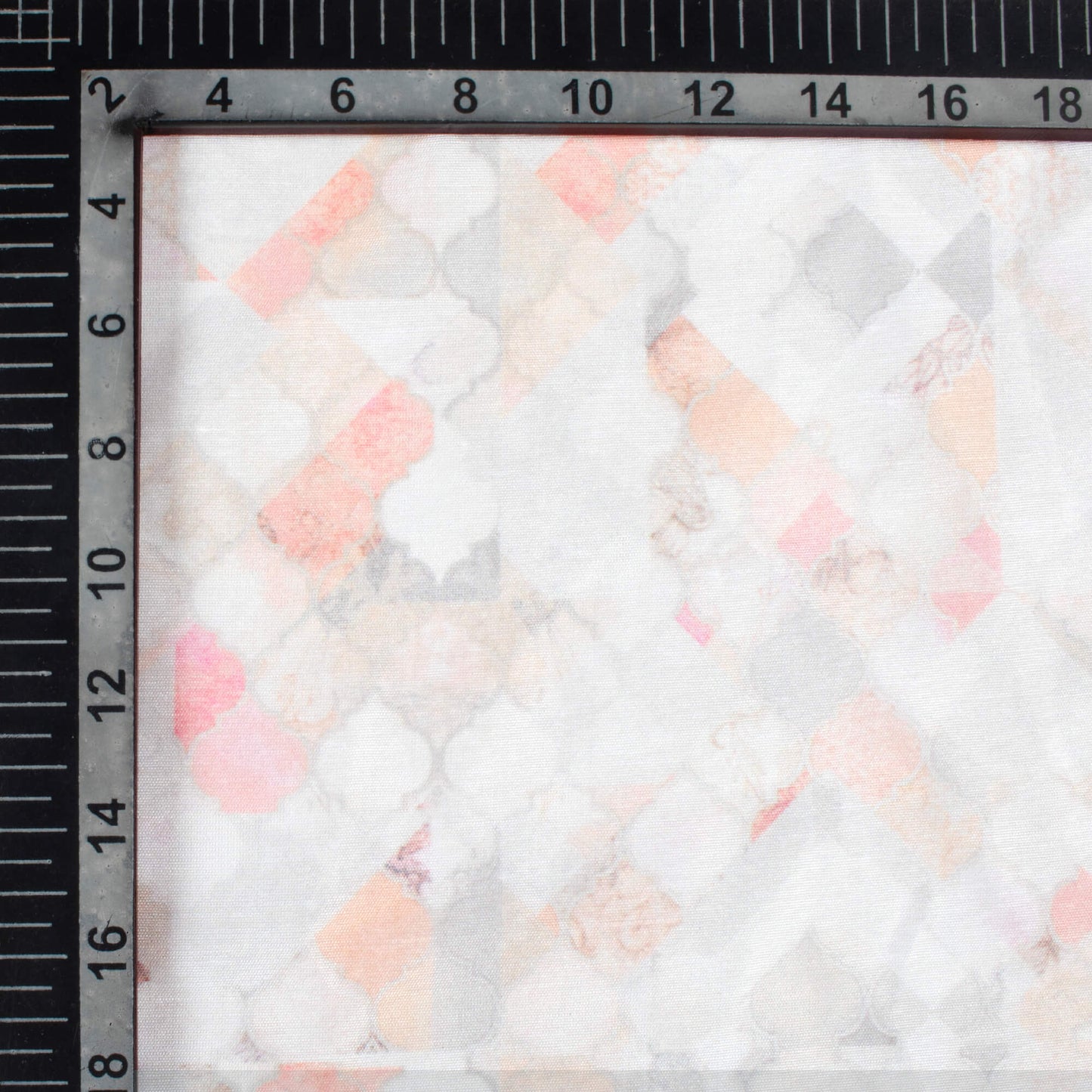 White And Peach Geometric Pattern Digital Print Chanderi Fabric