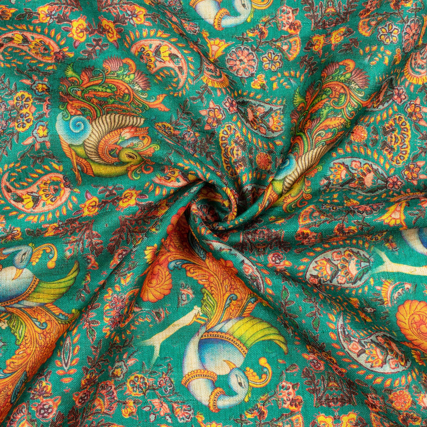 Peacock Green And Orange Madhubani Pattern Digital Print Art Tusser Silk Fabric