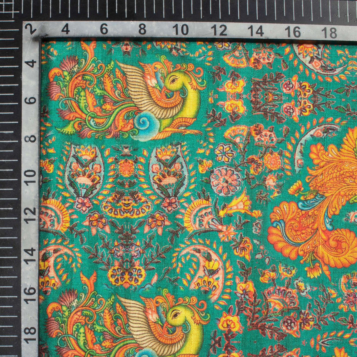 Peacock Green And Orange Madhuvanii Pattern Digital Print Art Tusser Silk Fabric