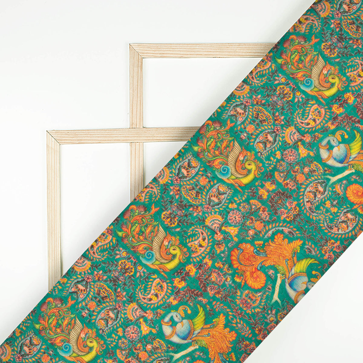 Peacock Green And Orange Madhuvanii Pattern Digital Print Art Tusser Silk Fabric