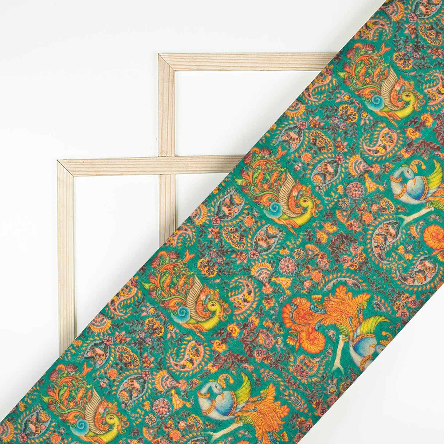 Peacock Green And Orange Madhuvanii Pattern Digital Print Art Tusser Silk Fabric