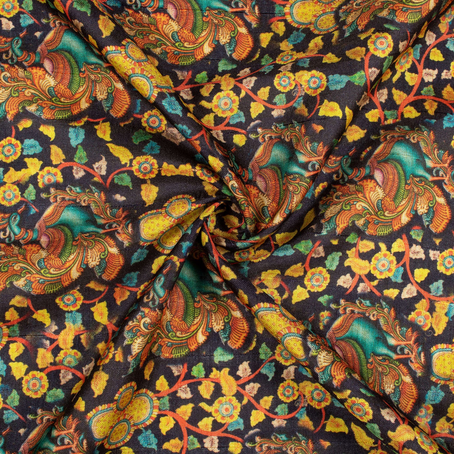 Black And Bumblebee Yellow Madhubani Pattern Digital Print Art Tusser Silk Fabric