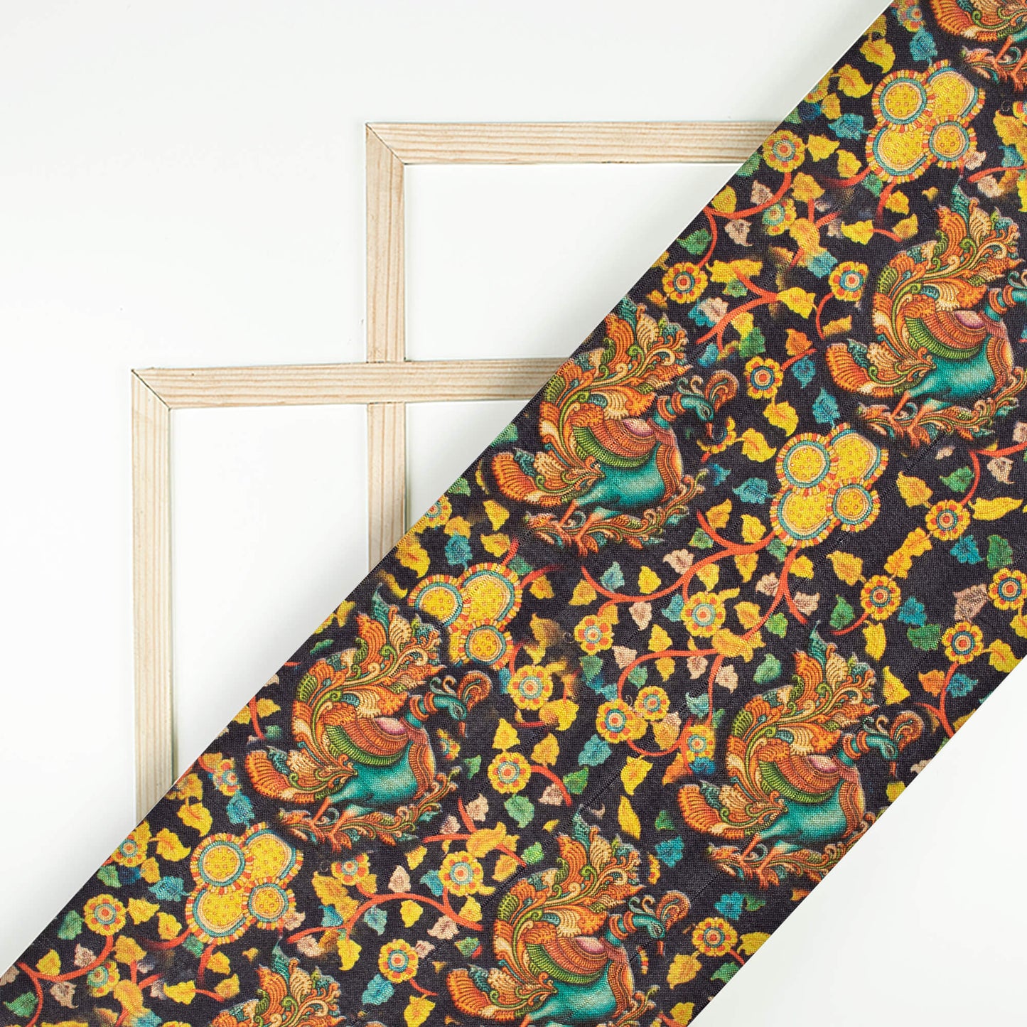 Black And Bumblebee Yellow Madhuvanii Pattern Digital Print Art Tusser Silk Fabric