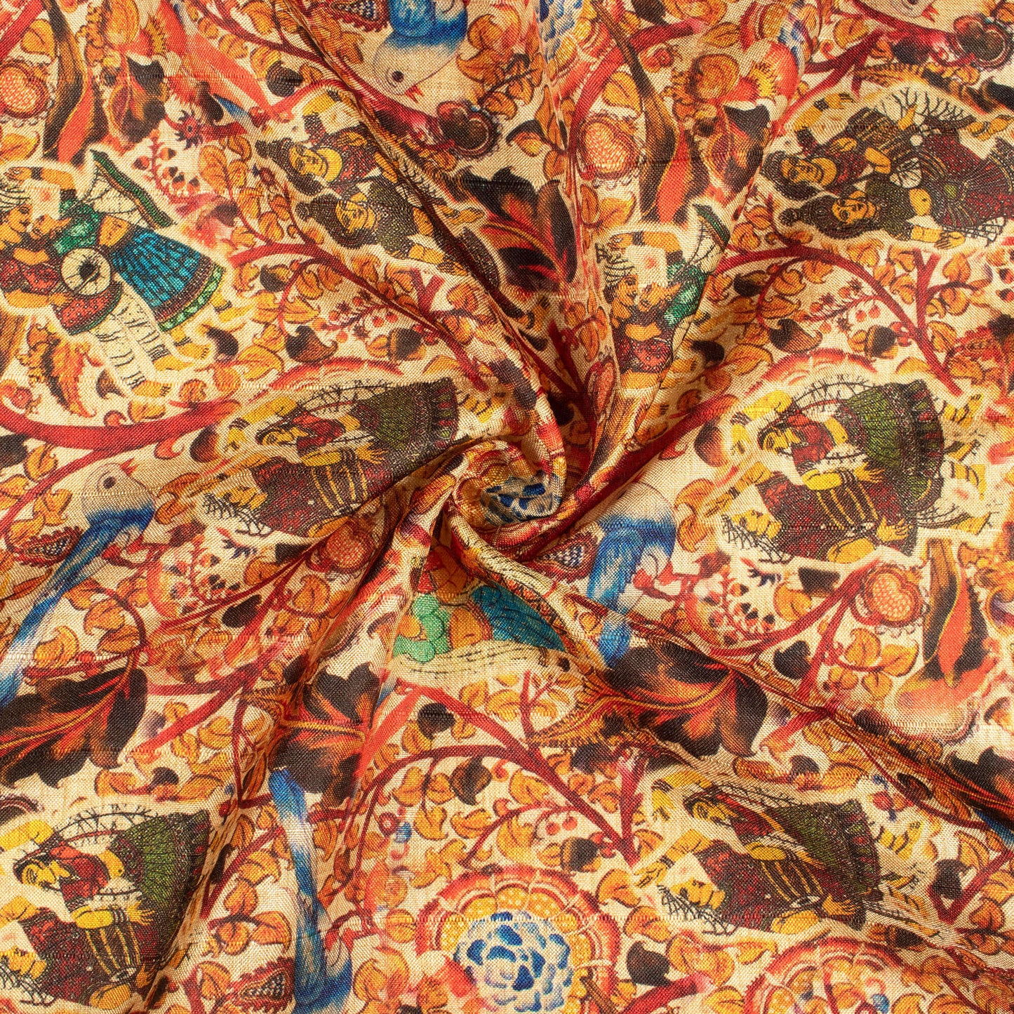 Burnt Orange And Midnight Blue Madhubani Pattern Digital Print Art Tusser Silk Fabric