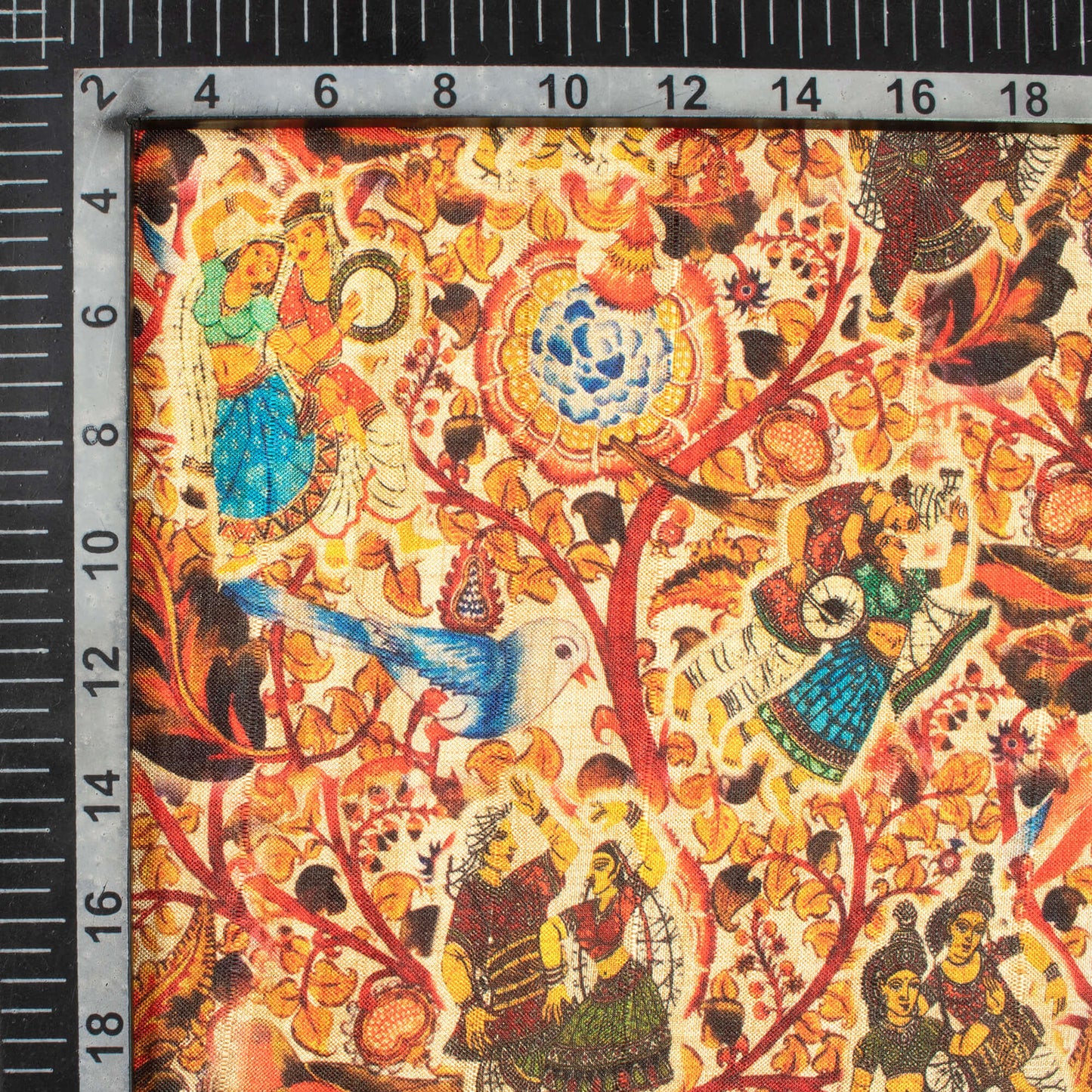 Burnt Orange And Midnight Blue Madhubani Pattern Digital Print Art Tusser Silk Fabric