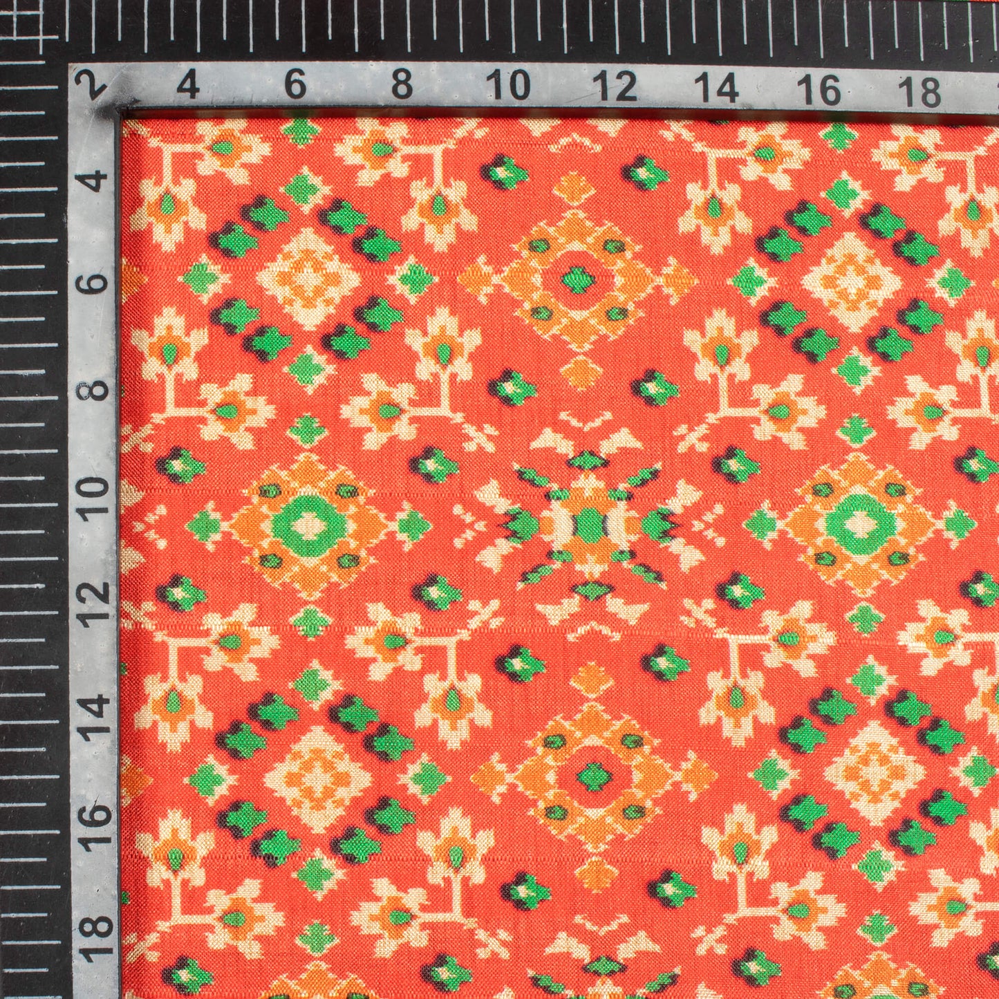 Vermilion Red And Fern Green Traditional Pattern Digital Print Art Tusser Silk Fabric