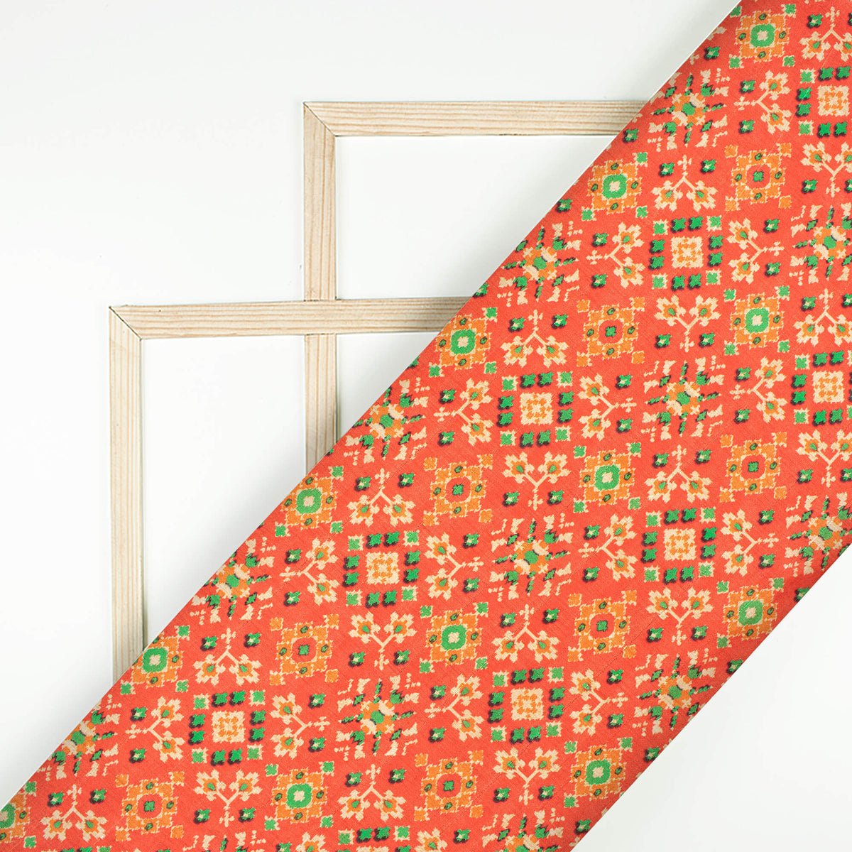 Vermilion Red And Fern Green Traditional Pattern Digital Print Art Tusser Silk Fabric