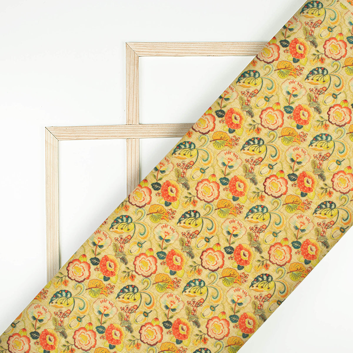 Olive Green And Fire Orange Floral Pattern Digital Print Art Tusser Silk Fabric