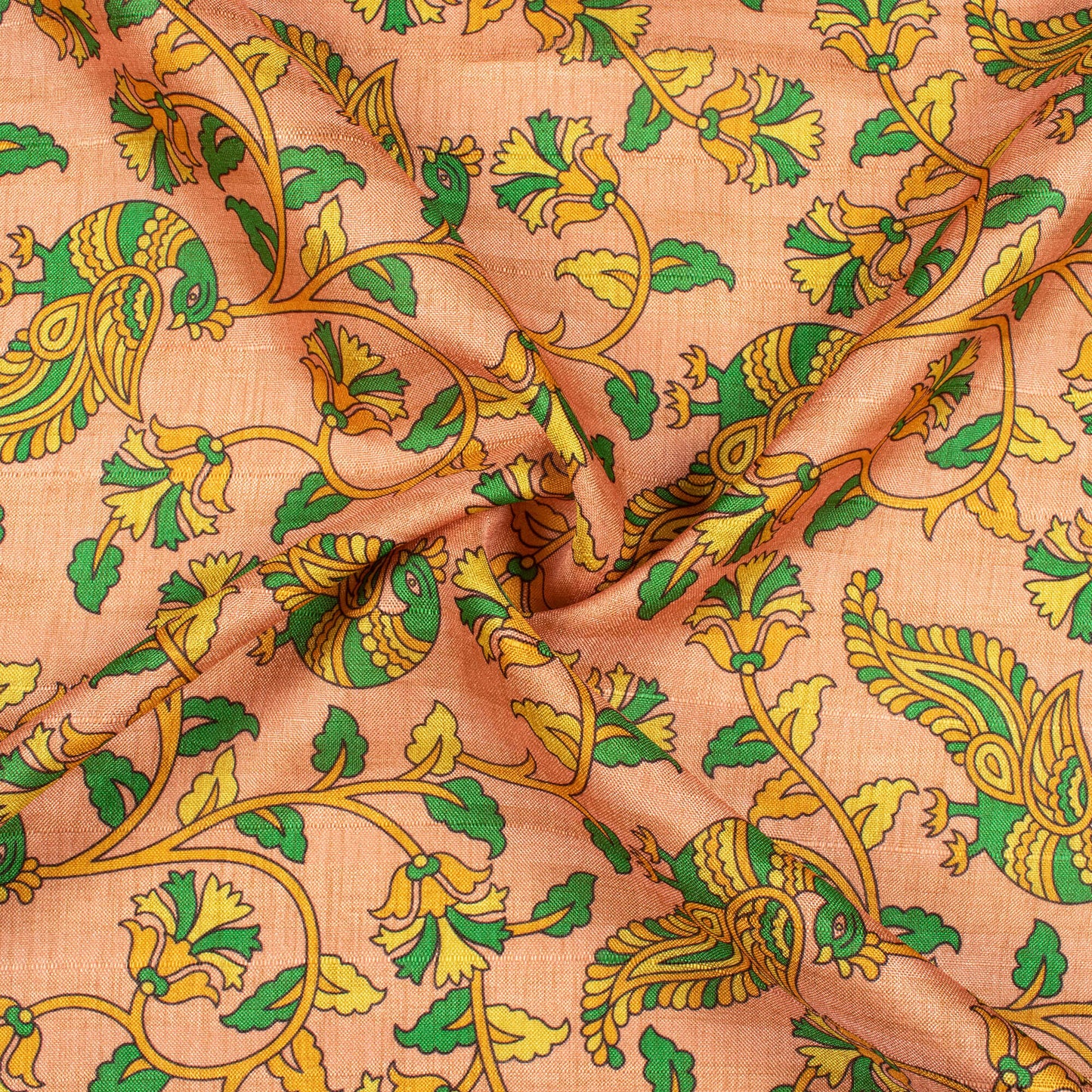 Peach And Fern Green Madhuvanii Pattern Digital Print Art Tusser Silk Fabric