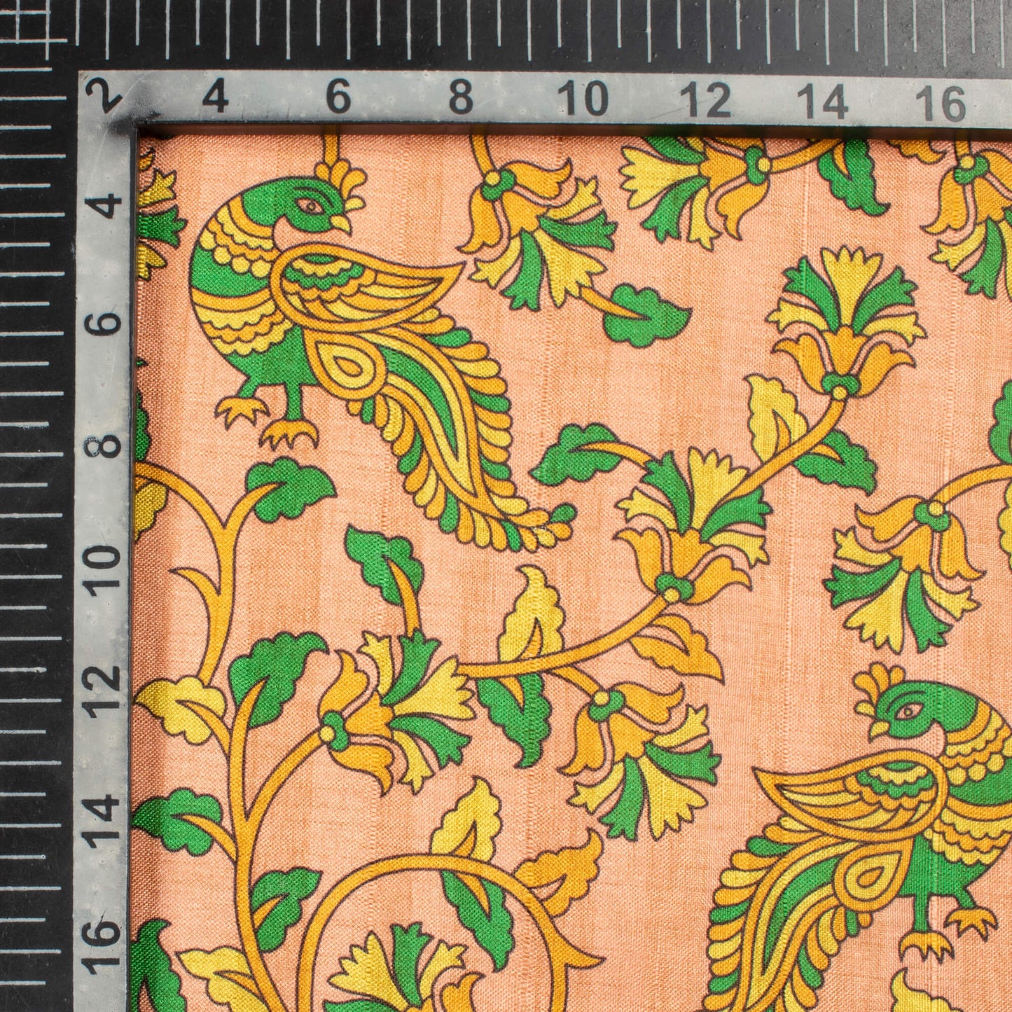 Peach And Fern Green Madhuvanii Pattern Digital Print Art Tusser Silk Fabric