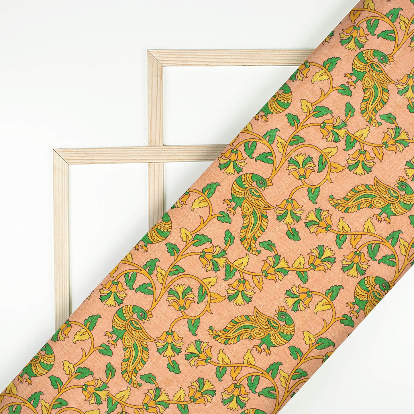 Peach And Fern Green Madhuvanii Pattern Digital Print Art Tusser Silk Fabric