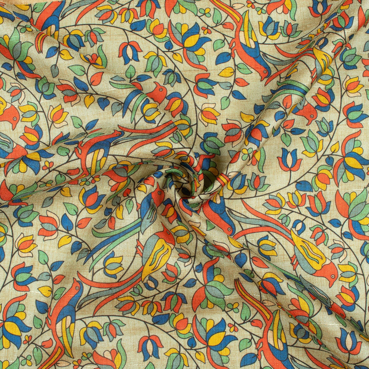 Summer Green And Vermilion Red Madhuvanii Pattern Digital Print Art Tusser Silk Fabric