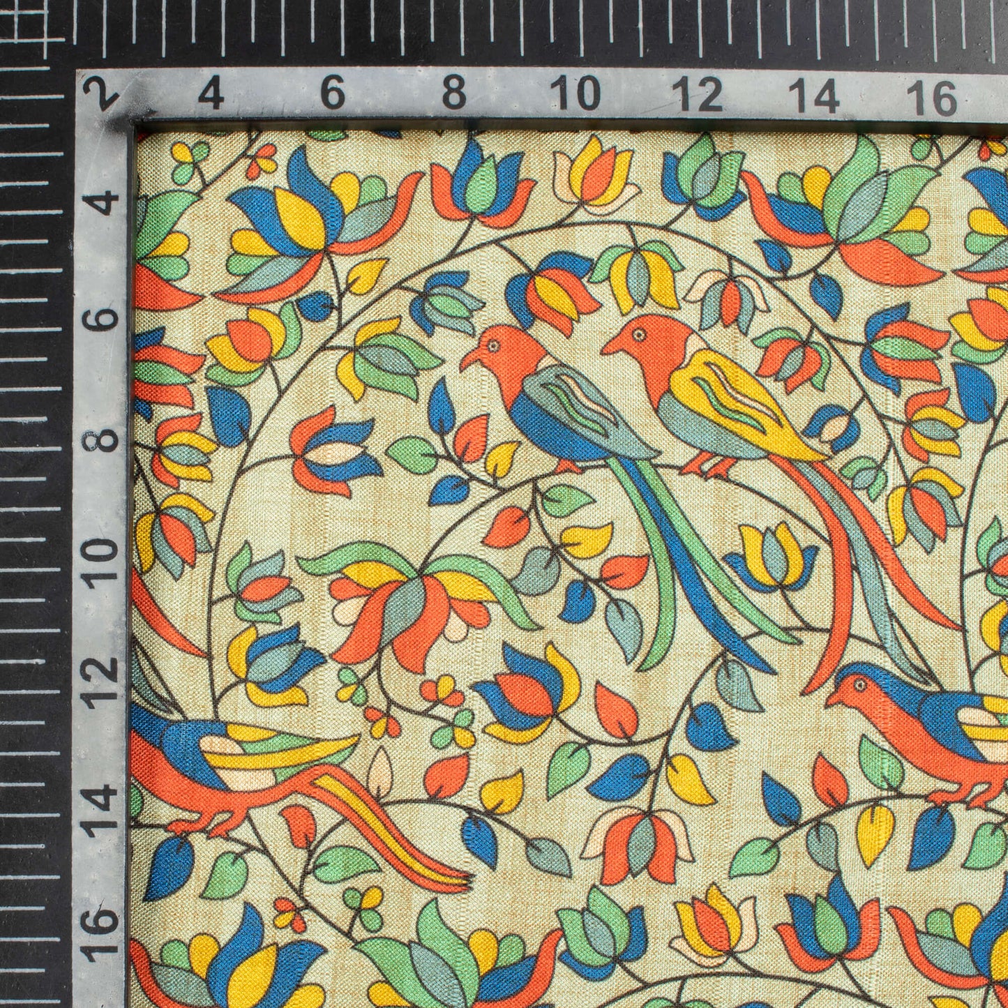 Summer Green And Vermilion Red Madhuvanii Pattern Digital Print Art Tusser Silk Fabric