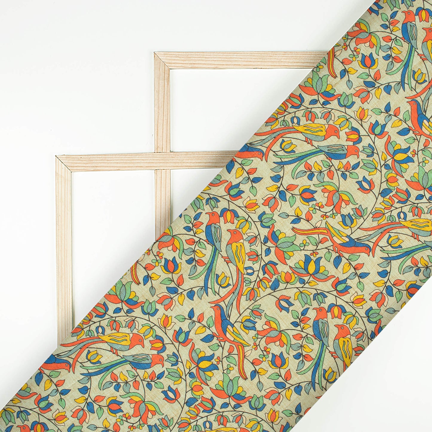 Summer Green And Vermilion Red Madhuvanii Pattern Digital Print Art Tusser Silk Fabric