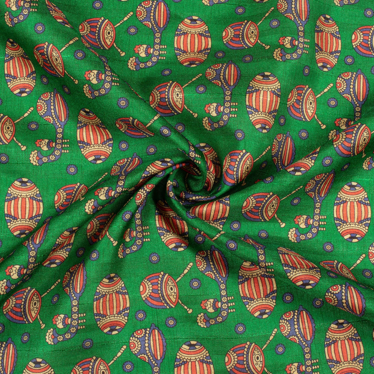 Forest Green And Vermilion Red Madhubani Pattern Digital Print Art Tusser Silk Fabric