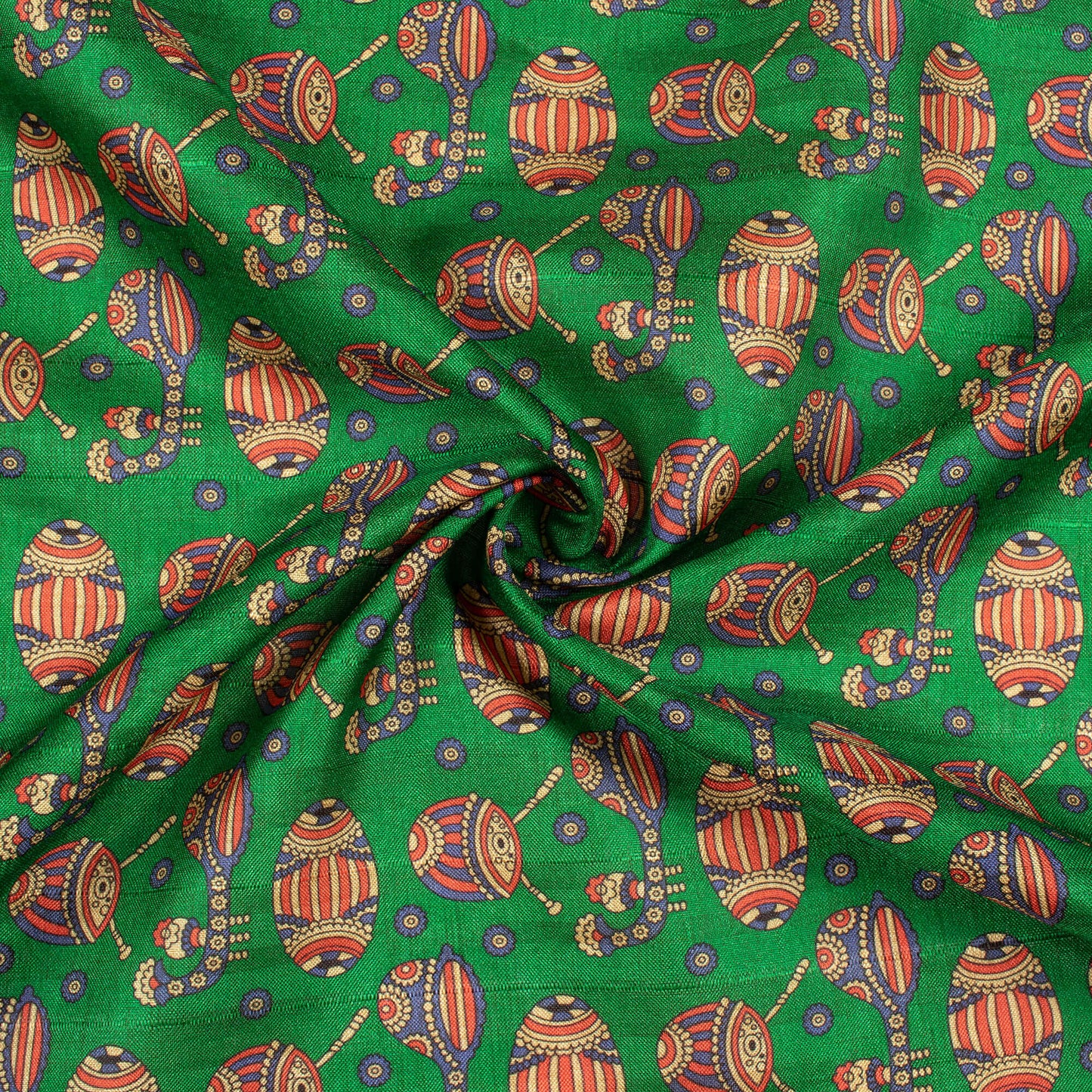 Forest Green And Vermilion Red Madhuvanii Pattern Digital Print Art Tusser Silk Fabric