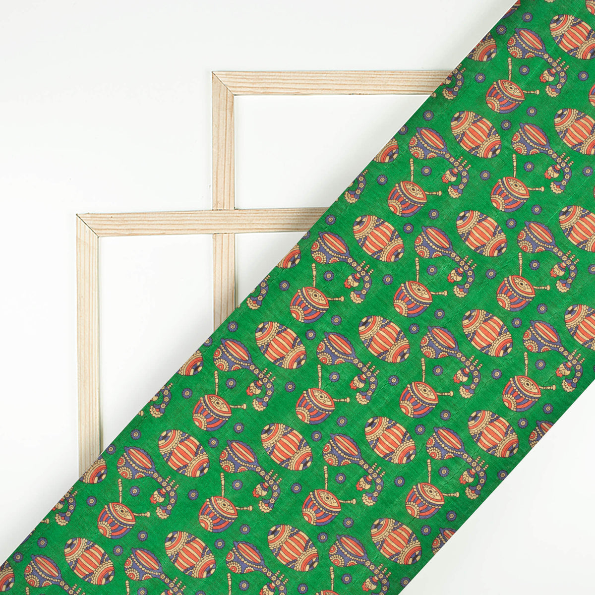 Forest Green And Vermilion Red Madhubani Pattern Digital Print Art Tusser Silk Fabric
