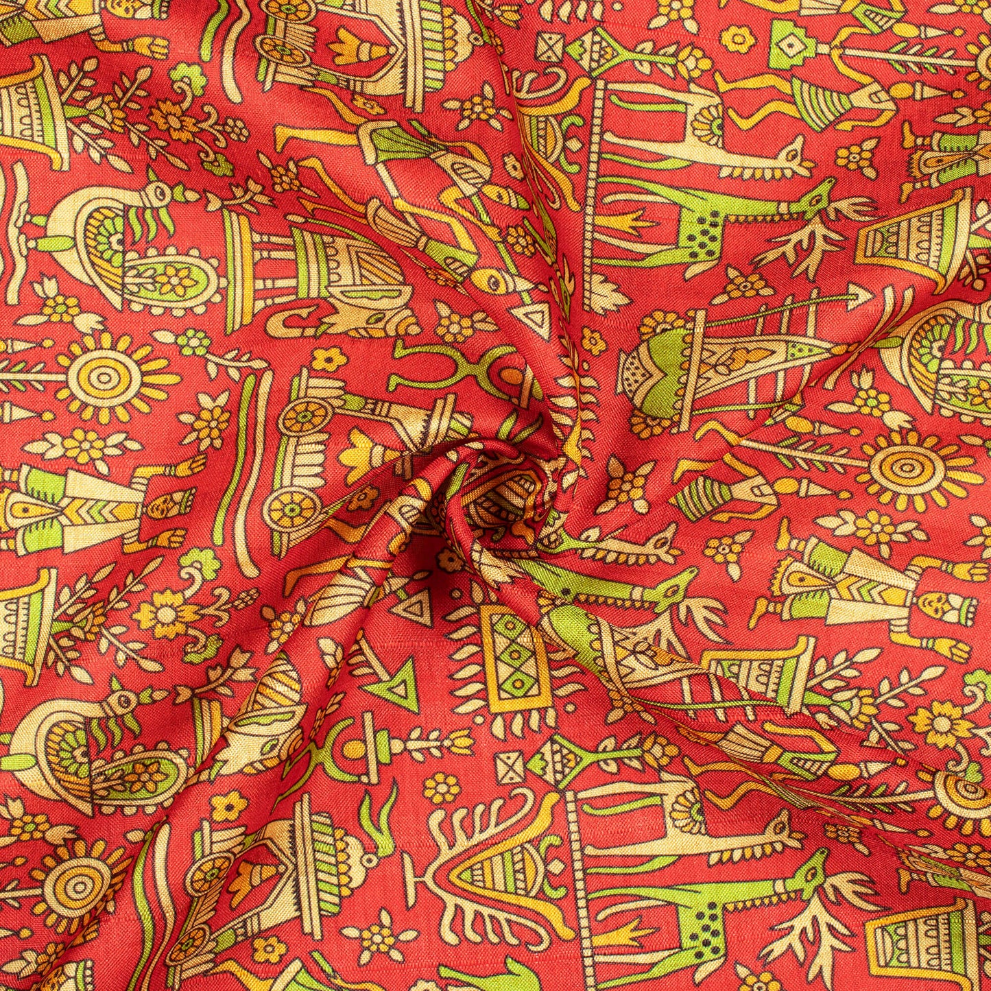 Sangria Red And Mantis Green Madhubani Pattern Digital Print Art Tusser Silk Fabric