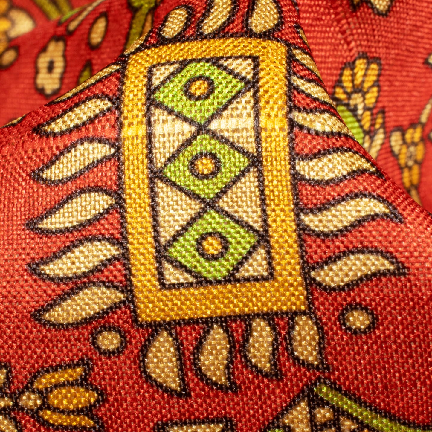 Sangria Red And Mantis Green Madhubani Pattern Digital Print Art Tusser Silk Fabric