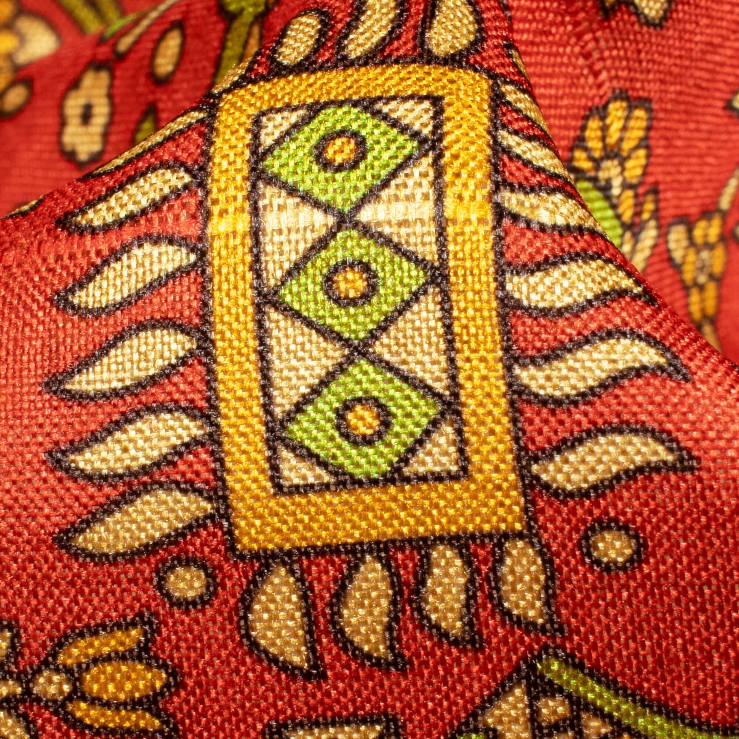 Sangria Red And Mantis Green Madhuvanii Pattern Digital Print Art Tusser Silk Fabric
