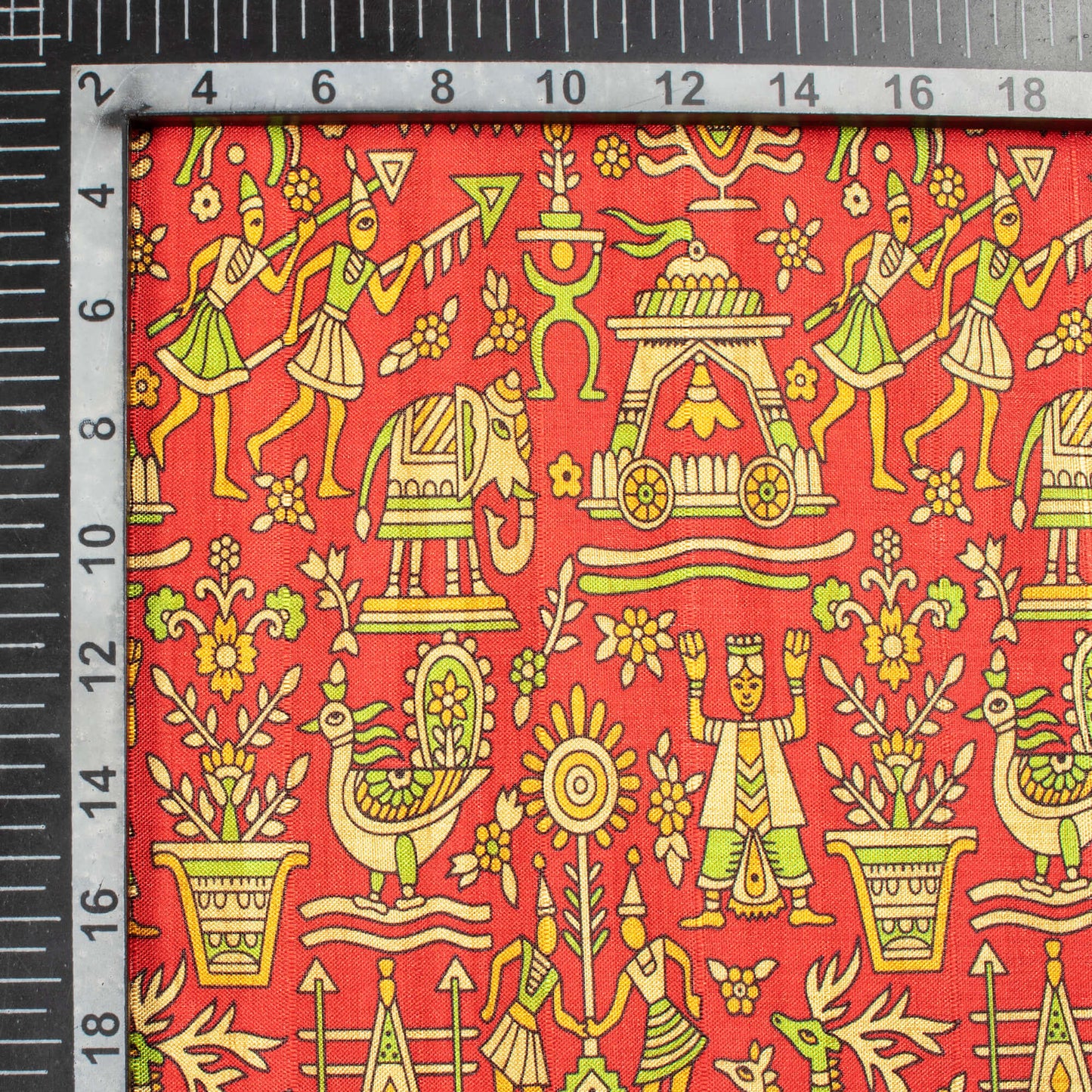 Sangria Red And Mantis Green Madhuvanii Pattern Digital Print Art Tusser Silk Fabric