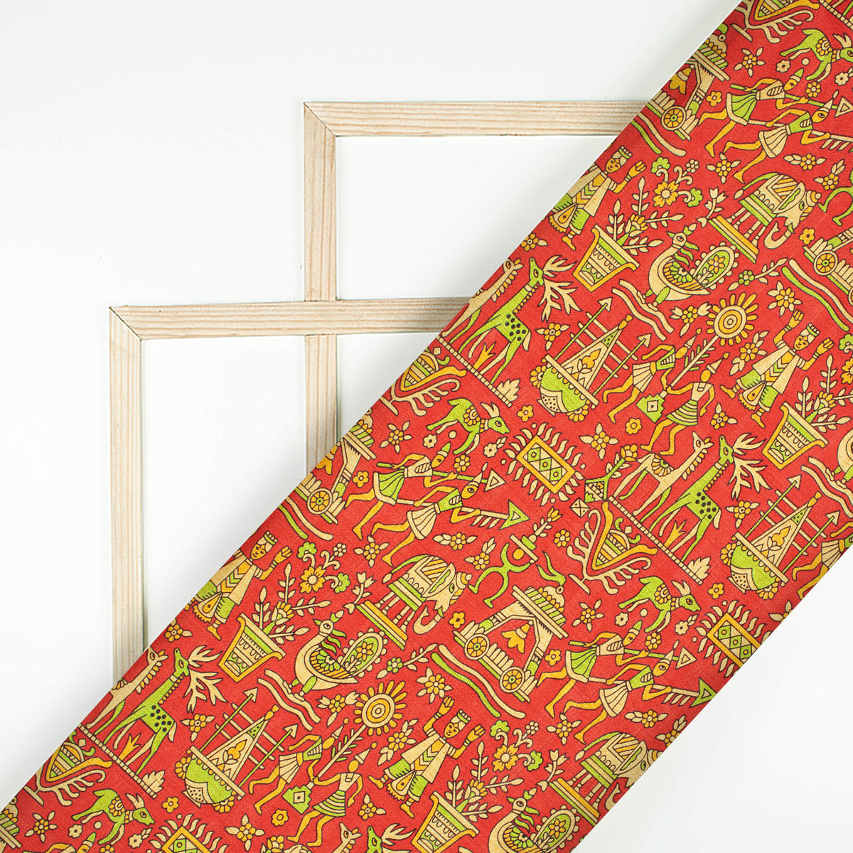 Sangria Red And Mantis Green Madhubani Pattern Digital Print Art Tusser Silk Fabric