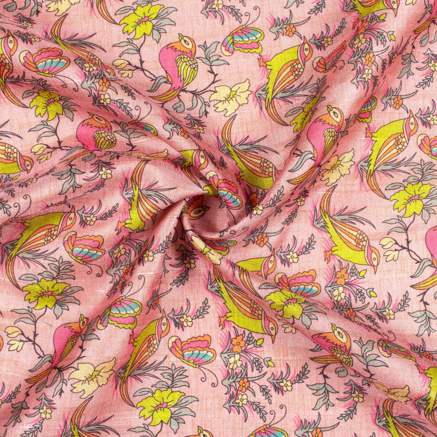 Pastel Pink And Canary Green Madhubani Pattern Digital Print Art Tusser Silk Fabric