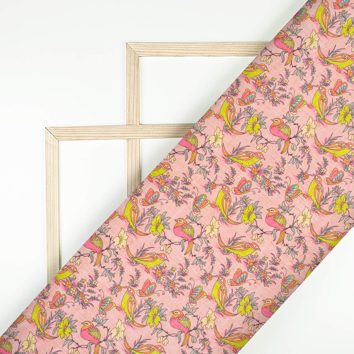Pastel Pink And Canary Green Madhubani Pattern Digital Print Art Tusser Silk Fabric