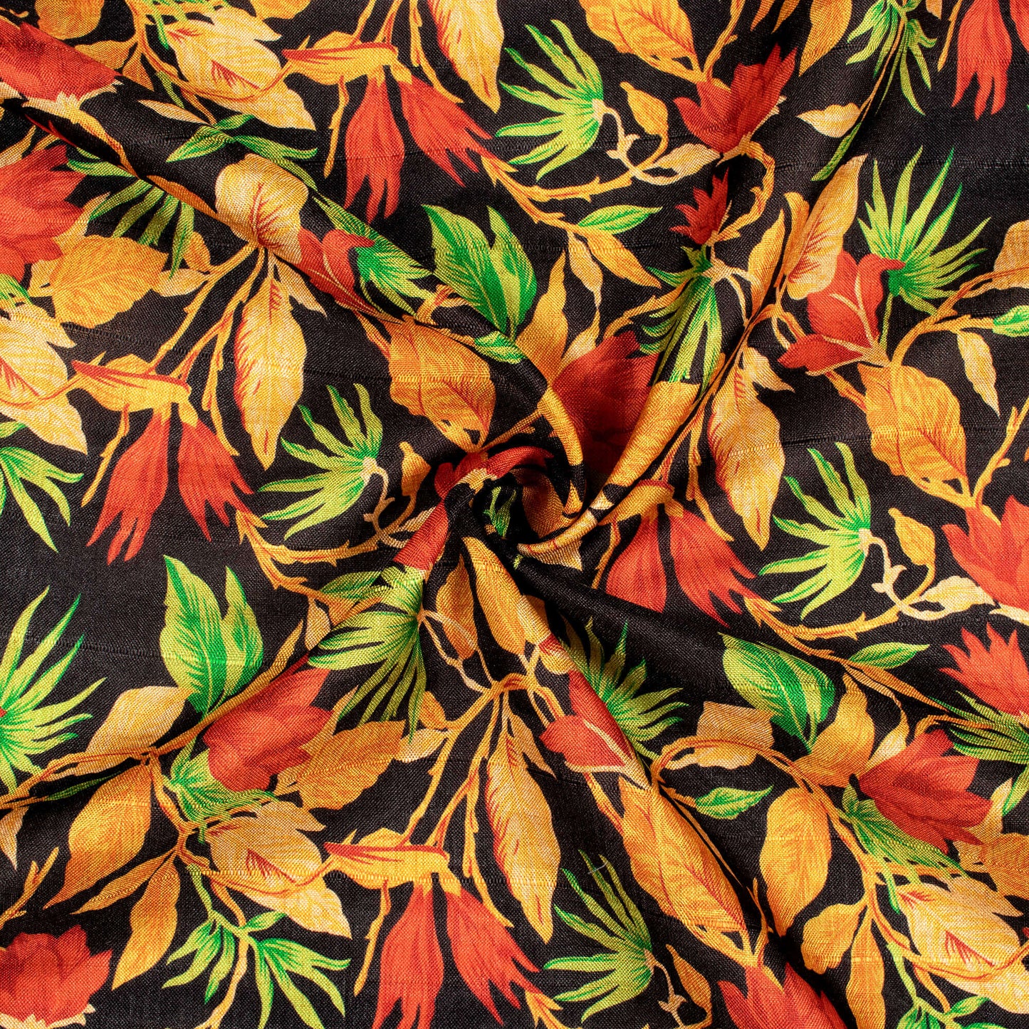 Black And Fire Yellow Leaf Pattern Digital Print Art Tusser Silk Fabric