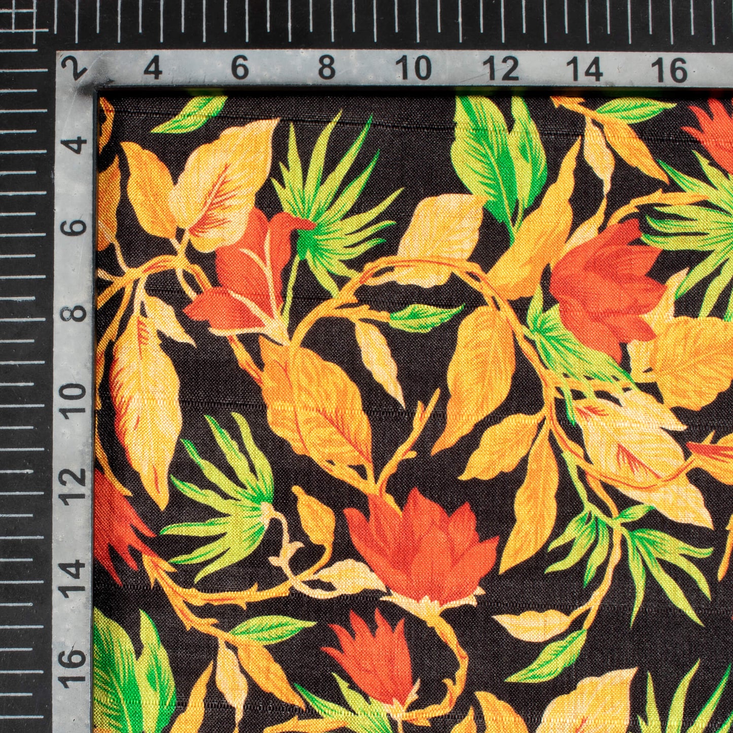 Black And Fire Yellow Leaf Pattern Digital Print Art Tusser Silk Fabric