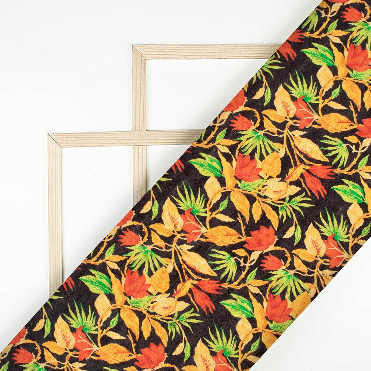 Black And Fire Yellow Leaf Pattern Digital Print Art Tusser Silk Fabric