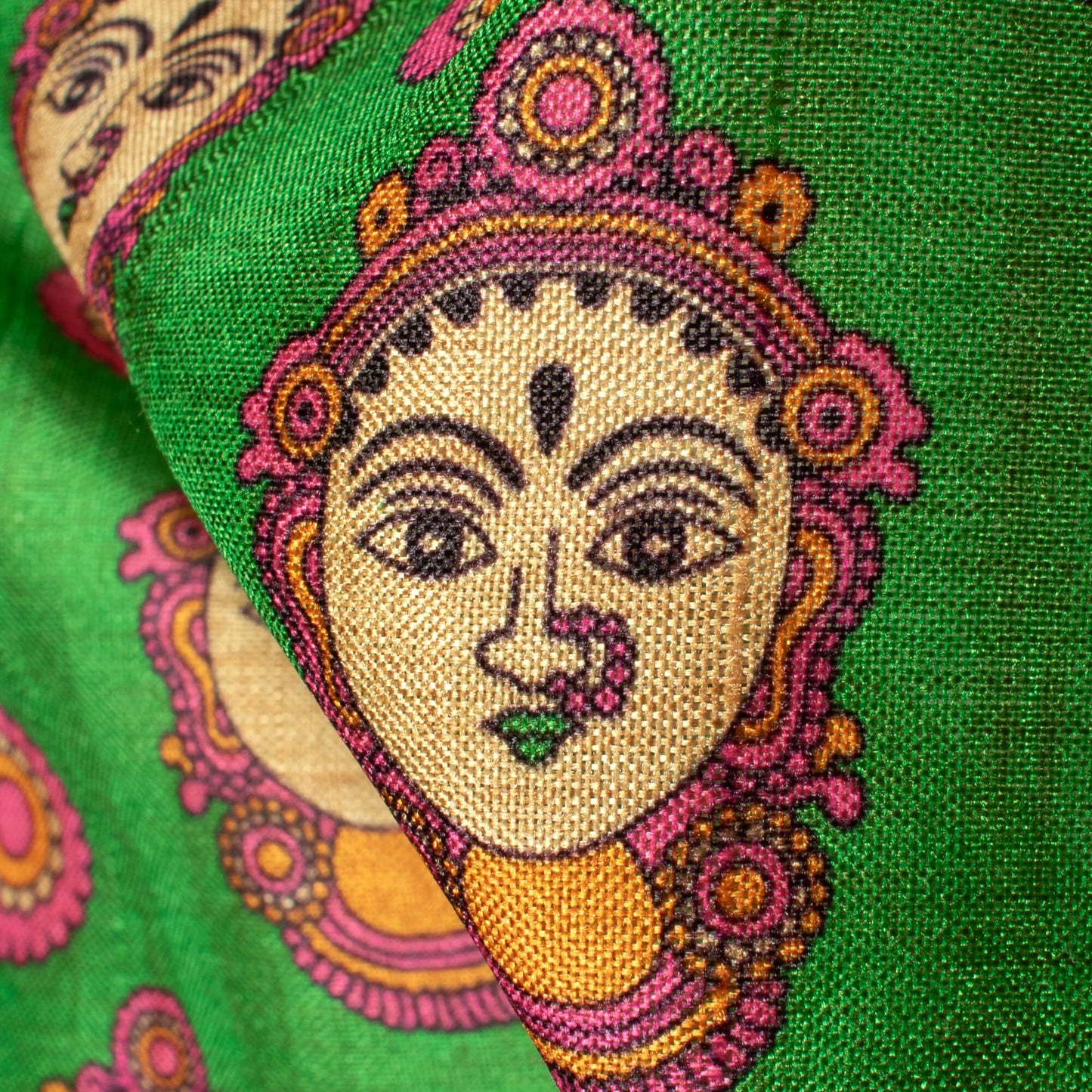 Forest Green And Hot Pink Madhuvanii Pattern Digital Print Art Tusser Silk Fabric