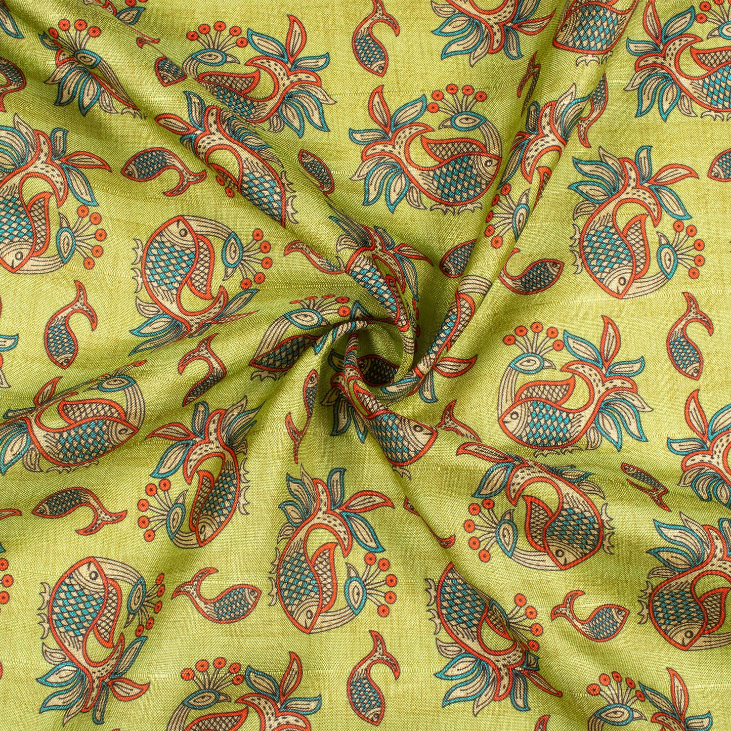 Lemon Green And Blood Red Madhuvanii Pattern Digital Print Art Tusser Silk Fabric