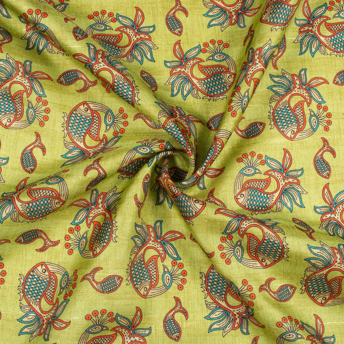 Lemon Green And Blood Red Madhubani Pattern Digital Print Art Tusser Silk Fabric