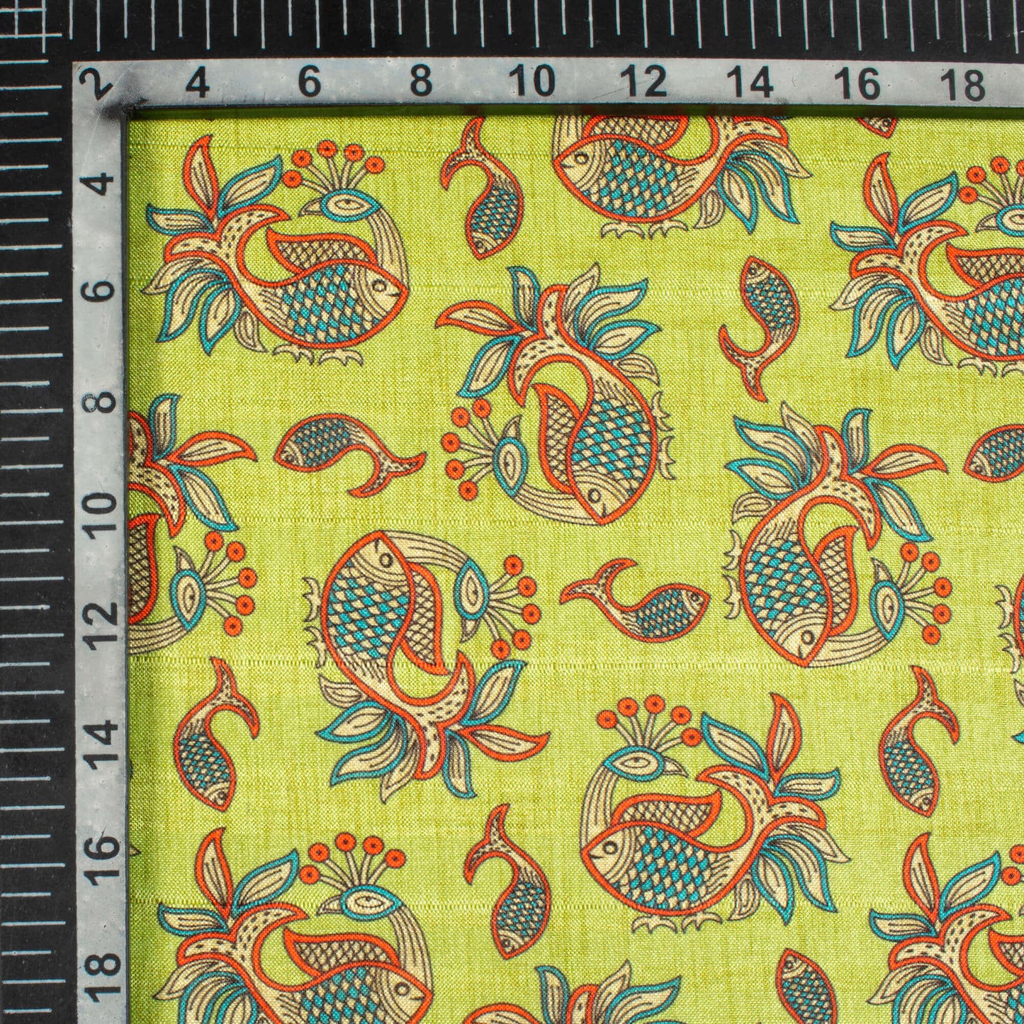 Lemon Green And Blood Red Madhuvanii Pattern Digital Print Art Tusser Silk Fabric