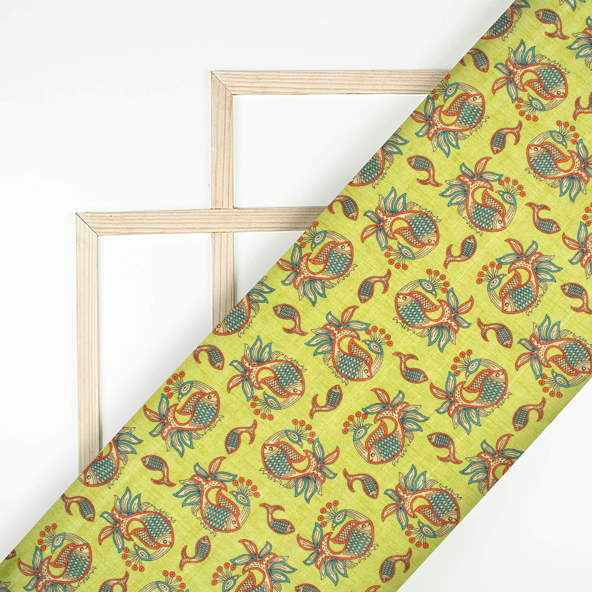 Lemon Green And Blood Red Madhubani Pattern Digital Print Art Tusser Silk Fabric
