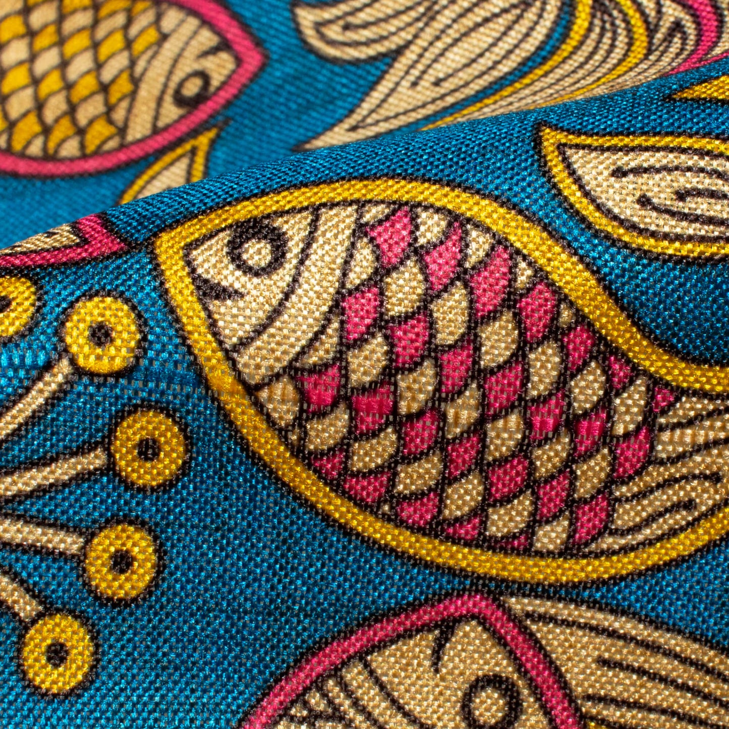 Peacock Blue And Magenta Pink Madhubani Pattern Digital Print Art Tusser Silk Fabric