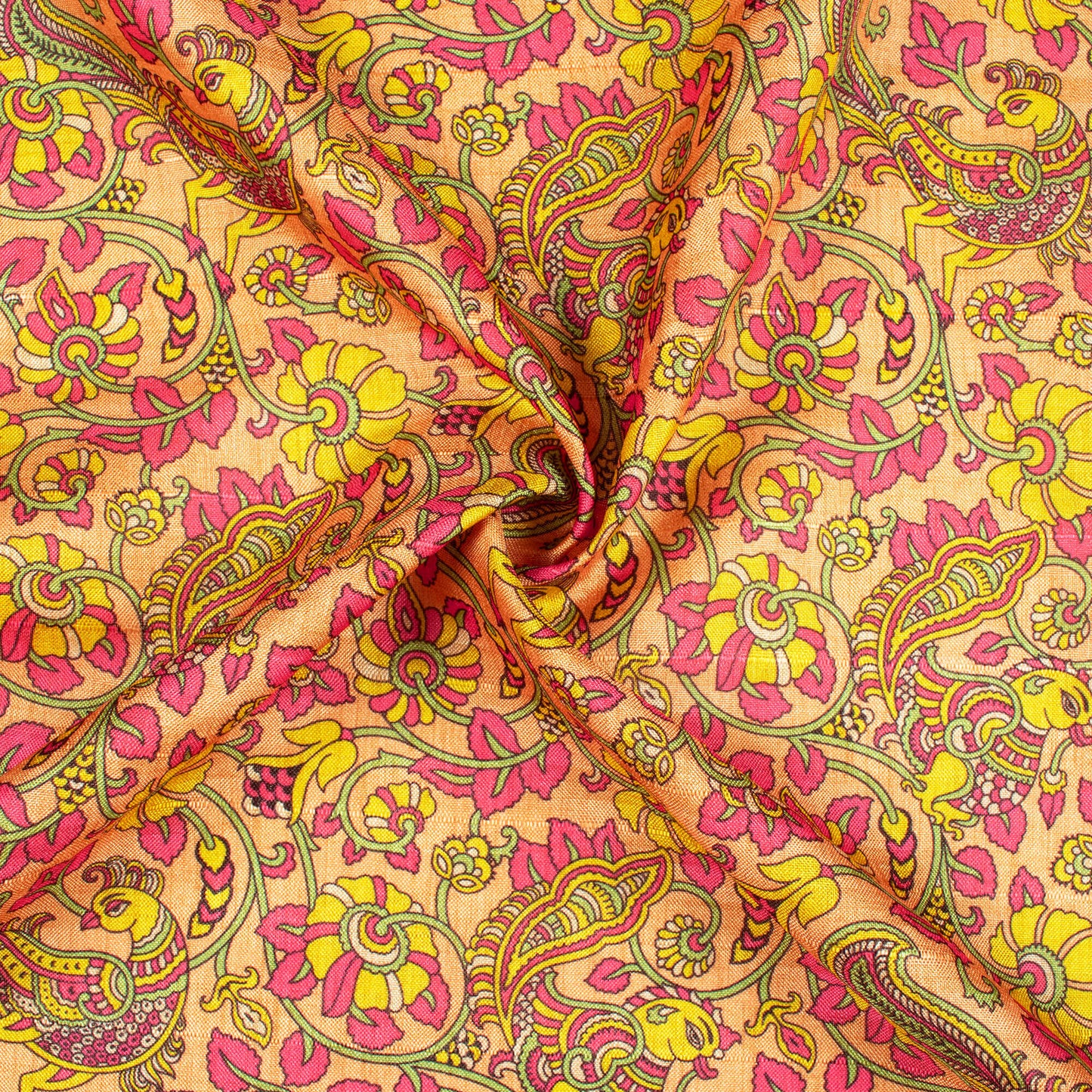 Hot Pink And Yellow Madhubani Pattern Digital Print Art Tusser Silk Fabric