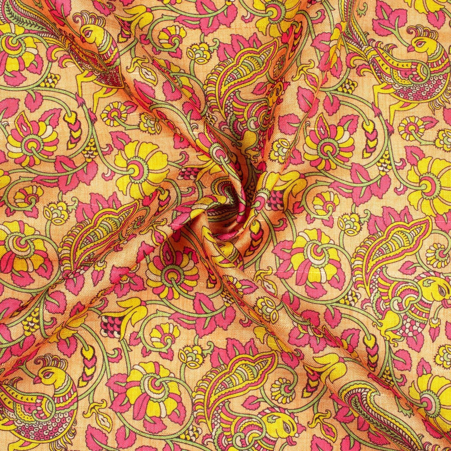 Hot Pink And Yellow Madhuvanii Pattern Digital Print Art Tusser Silk Fabric
