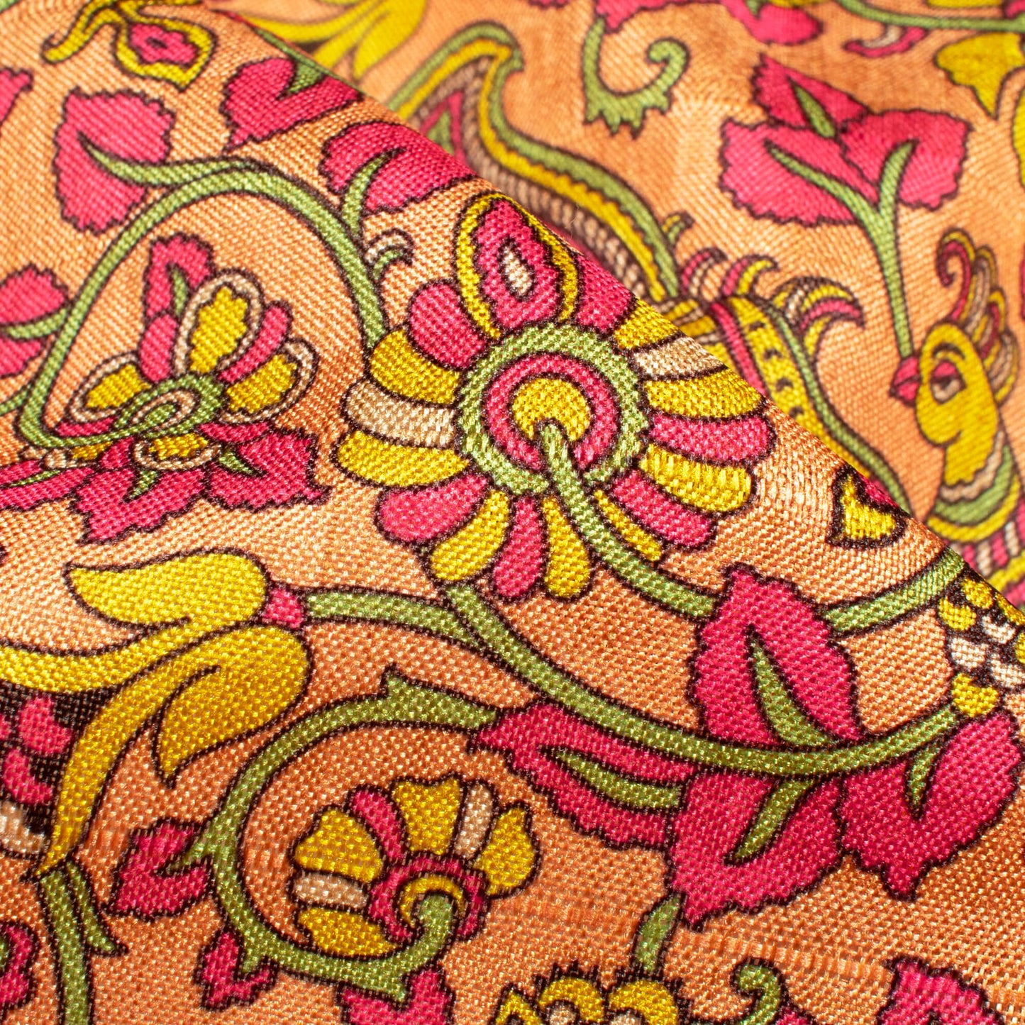 Hot Pink And Yellow Madhubani Pattern Digital Print Art Tusser Silk Fabric